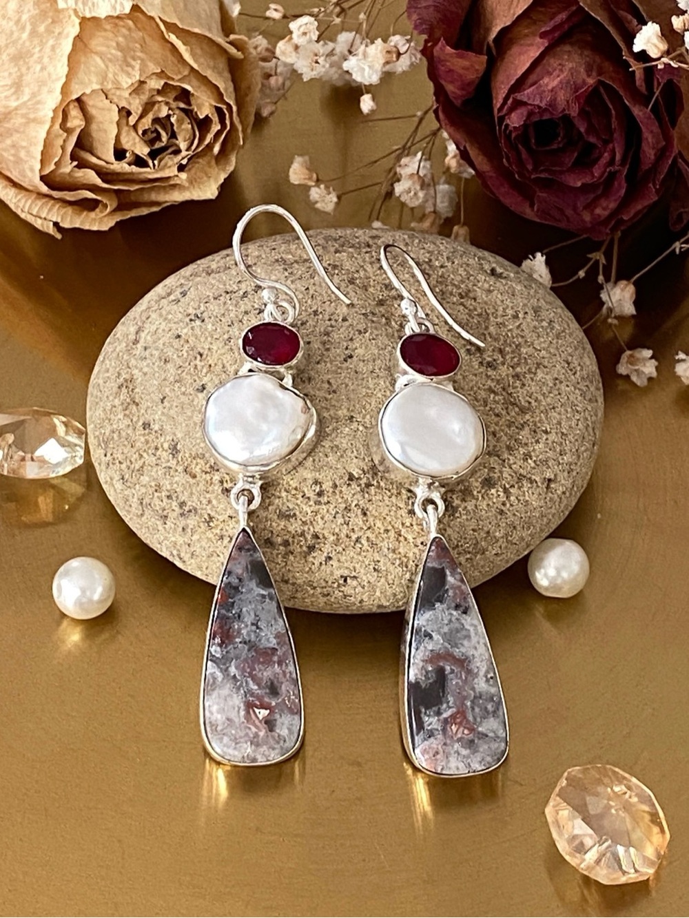 Crazy Lace Agate, Biwa Pearl And Garnet Handcrafted Earring